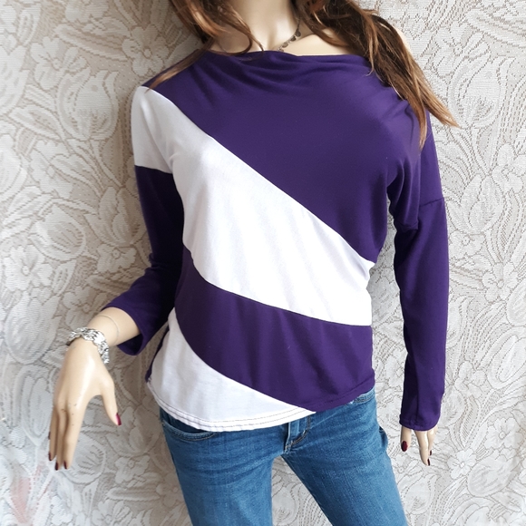 Purple White Off Shoulder Color Block LS Tee ~ S - Picture 2 of 3